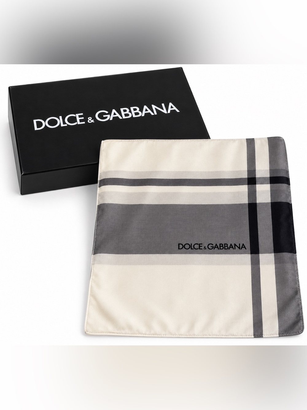 Dolce & Gabbana 100% Silk Plaid Scarf Black Gray Ivory NWT / Box